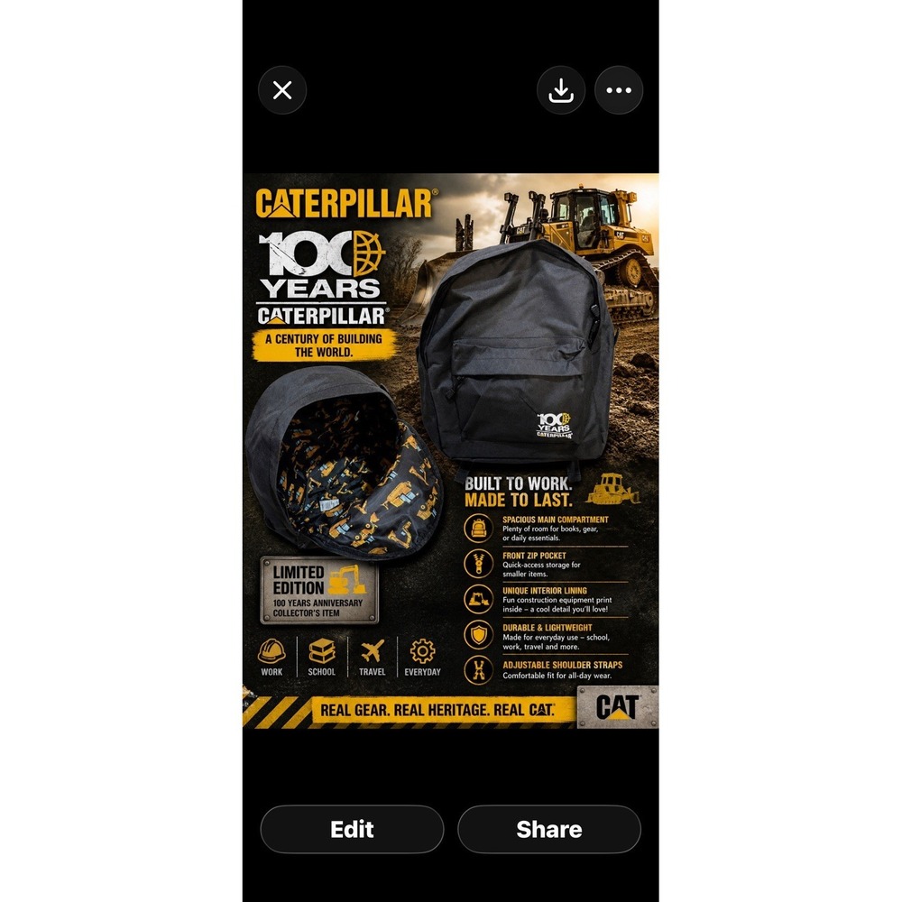 2025 CAT Caterpillar 100 Years Anniversary Commemorative Black Backpack - New
